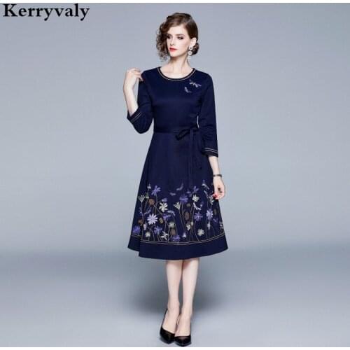 Autumn Large Pendulum Midi Blue Embroidery Dress Zomerjurk Dames 2021 Glitter Dress Dames Jurken Robe Hiver Femme K6562