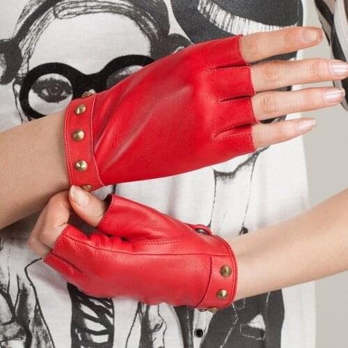 New Half Finger Rivet Decoration Leather Gloves Women Men Couple Genuine Sheepskin Driving Gloves Ladies Summer Autumn AGD512