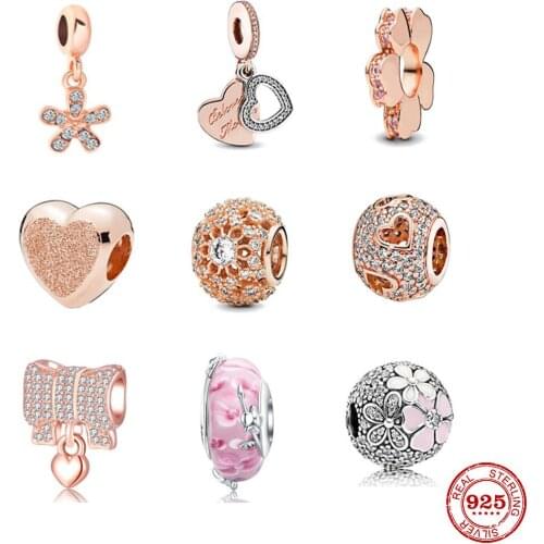 925 sterling silver pink flower snowflake pendant DIY beads suitable for original pandora Charm bracelet female jewelry