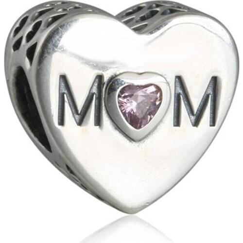 925-Sterling-Silver Mother Heart Charms Beads Mothers Day Pink CZ Mom Heart Fits Pandora Bracelet Diy Jewelry Making
