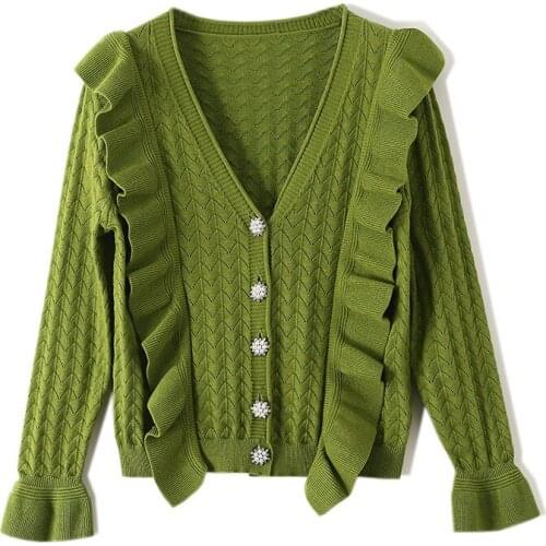 Luxury Jumpers Autumn Chic Knitted Cardigan Women V Neck Trumpet Sleeve Lotus Leaf Edge Lazy Wind Sweater Lady Cardiagans Tops