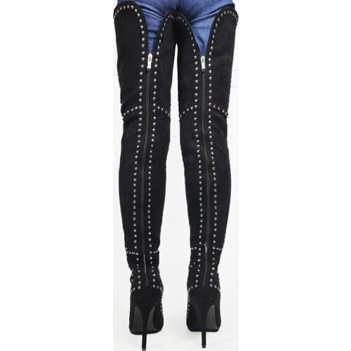 BERZIMER Women Thigh High Boots Faux Suede Stiletto Heels Back Zip Over Knee Boots Handmade Shoes Woman Large Size 39 44 45 47