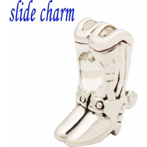 Slide charm Free shipping cowboy boots child black and white charm beads fit Pandora bracelet