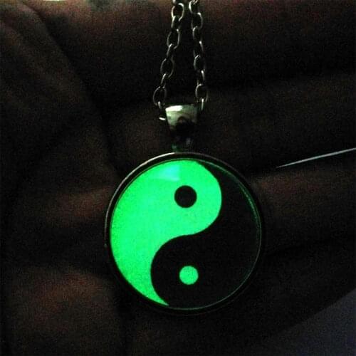 Glowing Handmade Tai Ji Glass Tile Yin Yang Chinese Oriental Asian Necklace Glow in the dark Pendant