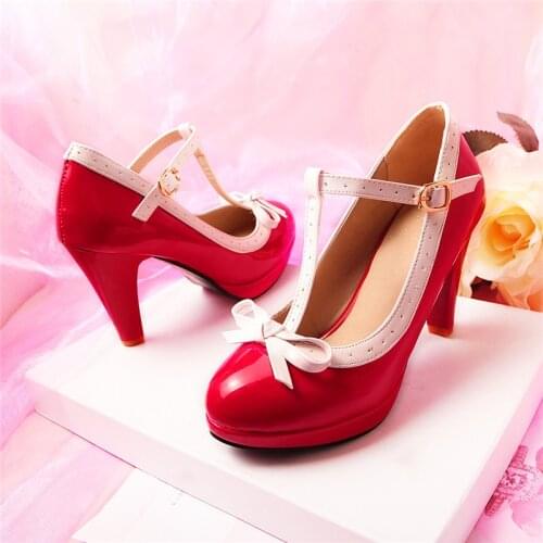 Lolita Shoes Pink White Blue T Strap High Heels Pumps Platform High Heels Women Shoes Cute Bow Block Heel Ladies Shoes Plus Size