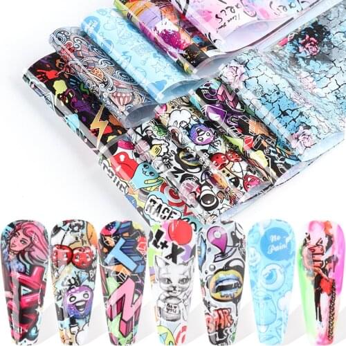 Street Graffiti Anime Nail Foil Abstract Style Sexy Lips Letter Flower Nail Sticker DJ MC Transfer Gel Decal Accessories SA4122