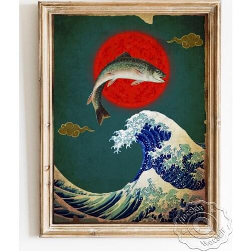 Fish Big Splash Vintage Art Prints Poster, The Great Wave Off Kanagawa Canvas Painting, Japanese Style Landscape Wall Home Decor