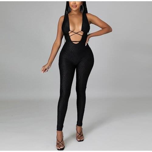 Sexy Outfits Jumpsuits for Women Night Club New Arrivals 2021 Bodycon Sleeveless Deep V Neck Bodycon Evening Party Rompers Hot
