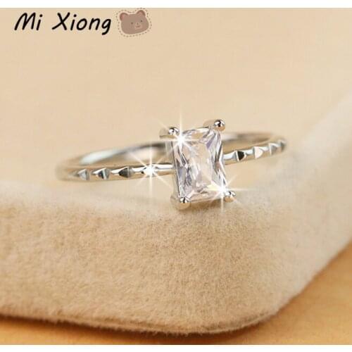Mi Xiong Real Sterling Silver 925 Ring for Women Square Crystal Bamboo Elegant Luxury Jewelry Wedding Engagement Gift Brand Cute