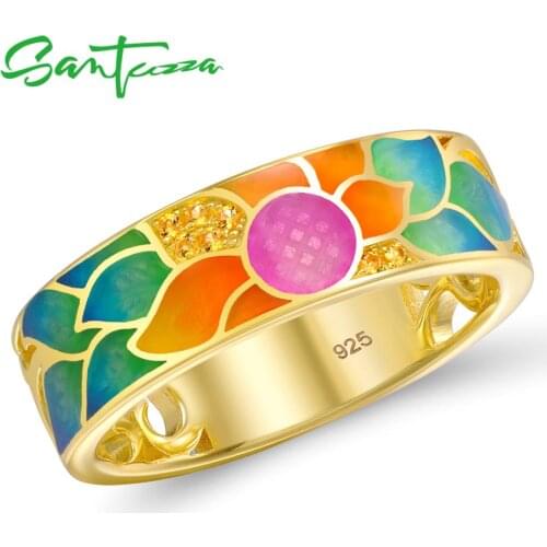 SANTUZZA Silver Ring For Women 925 Sterling Silver Gold Color Charming Flower Cubic Zirconia Ring Party Jewelry Enamel HANDMADE