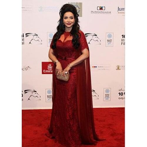 Fashion Celebrity Dresses Floor Length Lace Short Sleeve Mermaid Wine Red Evening Dresses