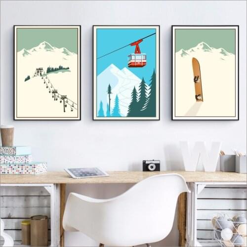 Winter Sports Skiing Art Poster Canvas Painting , Vintage Travel Poster Ski In Snow Mountain Painting Winter Home Decor