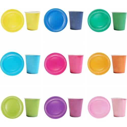 20pcs/lot Pink Blue Yellow Red Green Color Disposable Tableware Sets Paper Plate Cup Wedding Birthday Baby Shower Party Supplies