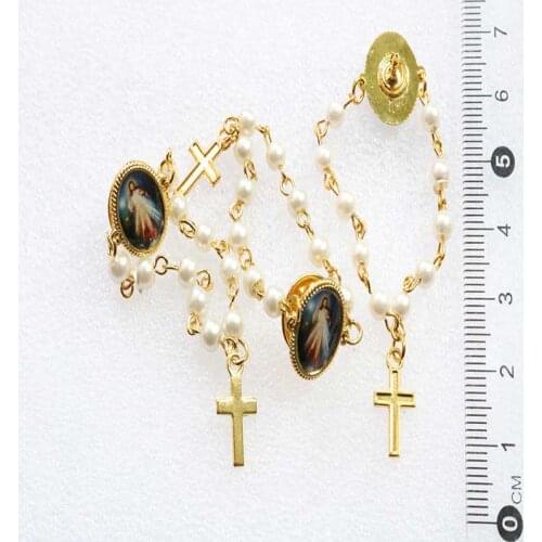 5 Pieces / Random Religious Pearl Cufflinks Rosary Brooch Cross, Golden Beaded Pearls for Clothes, Lapel Pin