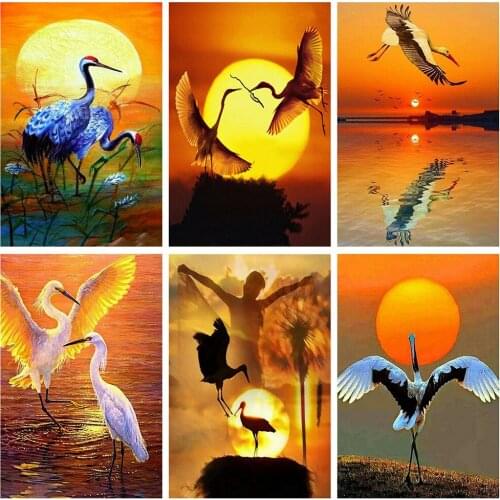 Diamond Painting Red-crowned Crane Full Square Sunset Diamond Embroidery Mosaic Animal Handicraft Decor For Home