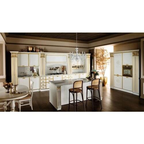 White wood kitchen cabinet with huge Roman column