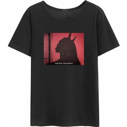 %100 Cotton Half Devil Half Goddes Harajuku Printing Letters Large Cotton T-shirt Loose Retro Casual Punk Fun Dark O-Neck