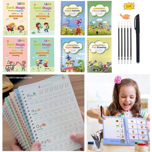 4 Books Children Books Sank Magic Book Notebooks Reusable 3D Copybook Calligraphy Learning Math English Writing Practice Gift