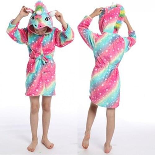 Kids Colar Fleece Unicorn Hooded Bathrobe Childrens Dressing Gown Bath Robe Cartoon Animal Sleepwear For Girls Boys Pyjamas