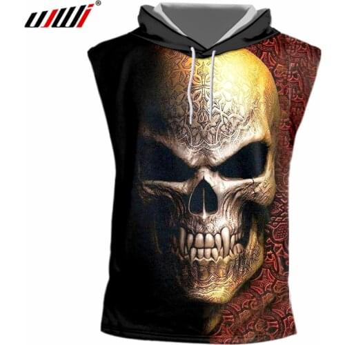 UJWI Summer Tops Men 3d Cool Print Metal Skull T-shirt With Hood Man Hip Hop Streetwear Cap Tshirts Sleeveless Undershirts Hoody
