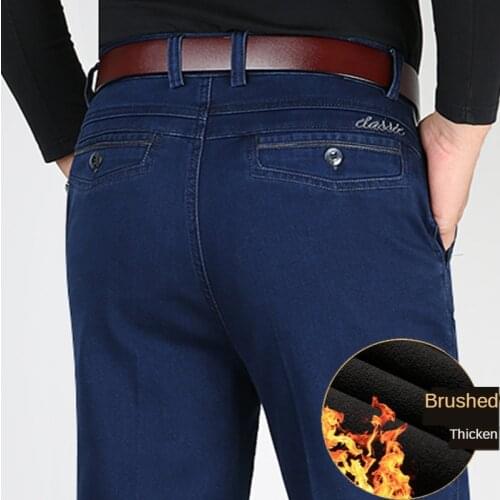 ICPANS Big Size 40 42 44 Winter Men Denim Pants Thicken Warm Fleece Straight Stretch Loose High Waist Trousers Man Classic Pant