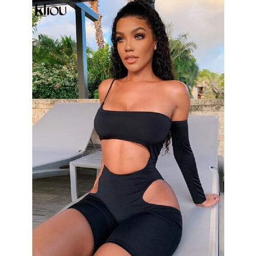 Kliou hollow out black solid playsuit one-shoulder asymmetric sleeve beach style rompers slash neck Skinny streetwear bodysuit