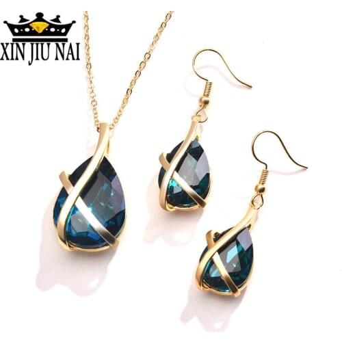 2020 Hot New Arrivals Peacock Blue Water Drop Pear Shape Necklace Earring Set European and American Wedding Banquet Jewelry