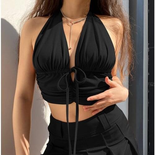 Summer Y2K Brown Camis Ruched Tie Up Crop Tops Harajuku Tank Tops Backless Halter Cute Tops Tees Women Party Beach Sweat Female