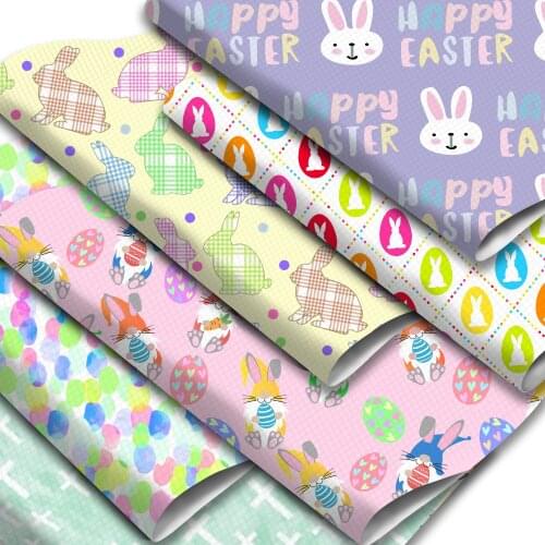 Easter Day Rabbit Eggs Pattern Printed Faux Leather Sheets Synthetic Leather Fabric Roll for DIY Hair Bows Pouches Making