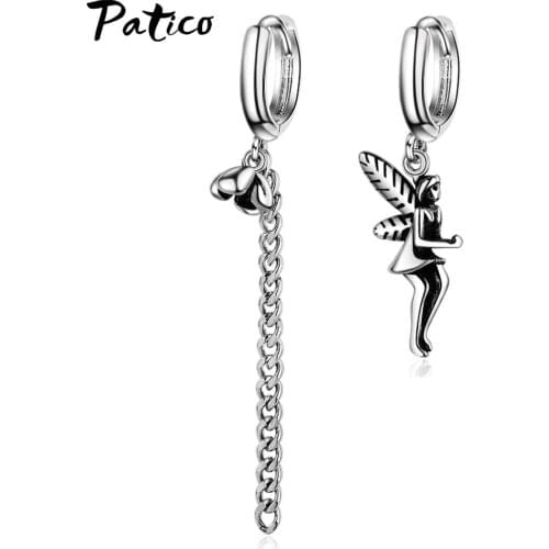 Punk Style 925 Sterring Silver Angel Charms Asymmetric Earring Set Long Chain Pendant Metal Tassel Drop Earrings Jewelry