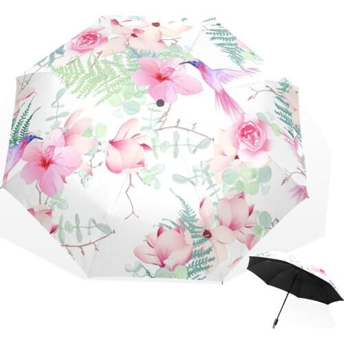 Non-automatic Floral Pattern Pink Small Bird Umbrellas Three Folding Umbrella UV Protection Rain Gear For Women Parasol