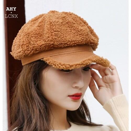 Autumn Winter Womens Beret Warm Women Cap Ladies Octagonal Hat Black White Lambswool Outdoor Female Visor Soft Painter Berets