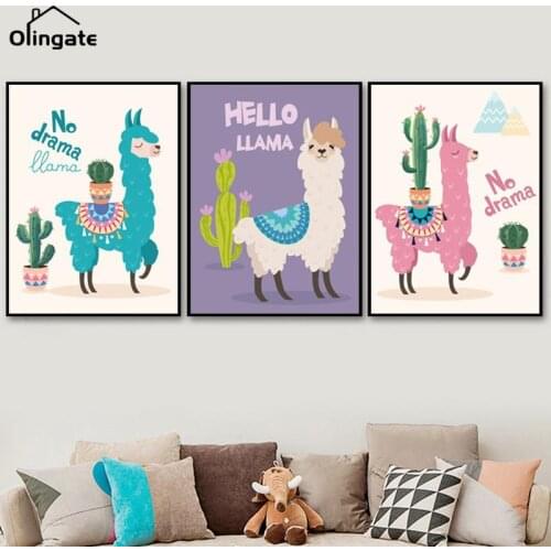 Nursery Animal Alpaca Posters and Prints Cartoon Llama with Cactus Canvas Painting Kids Baby Bedroom Decor Wall Picture for Home