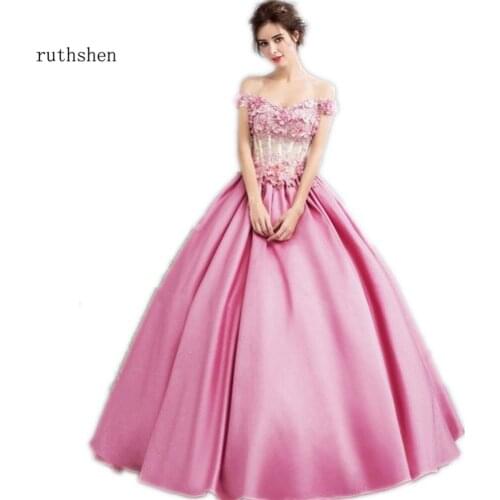 Ruthshen Reflective Dress Pink Prom Dress Ball Gown Off Shoulder 3D Floral Sexy Formal Evening Dresses Vestido De Noche 2020