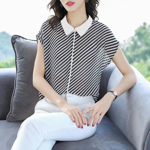 Peter Pan Collar Bat Sleeve Chiffon Blouses Shirt 2021 Summer New Striped Women Tops Blusas Feminine Blouse Plus Size