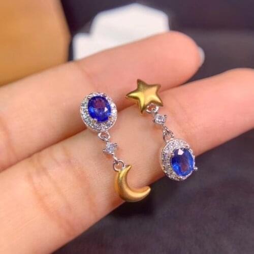 Personality star moon natural blue sapphire drop earrings Natural gemstone earrings 925 silver girl women party gift jewelry