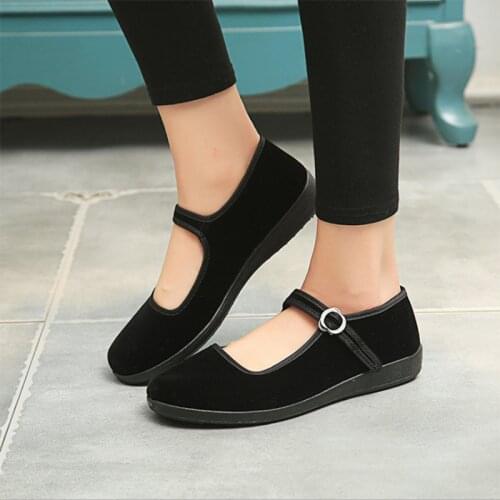 Women Fabric Flats Autumn Loafers Ladies Buckle Strap Black Mary Janes Casual Mother Shoes Female Comfort Breathable Footwear