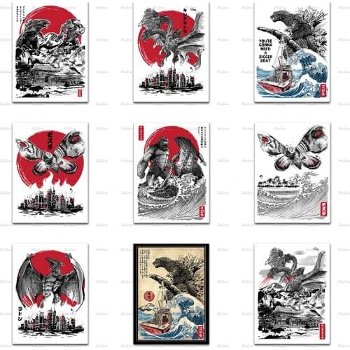 Vintage Movie Cartoon Poster Orca In Japan Woodblock,Attack On Japanese Temple,Giant Moth Attack Wall Art Canvas Painting Decor