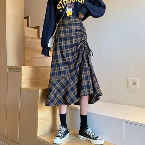 Nic Vintage Winter Wool Drawstring Plaid Skirts Women High Waist OverSized Long Skirt 2021 Autumn Streetwear Elegant Midi Skirt