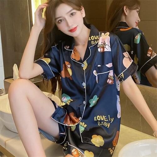 Women Pajamas shorts Short sleeve Ice silk Pajamas High Quality Homewear New Satin Pajamas Cardigan lapel Leopard Pajamas Sets