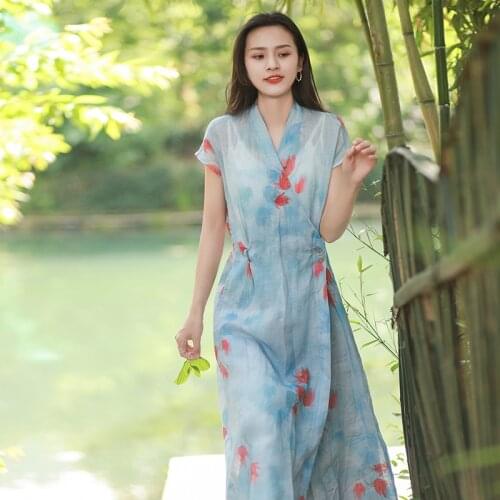 Women Spring Summer Short Sleeve V Neck Dress Ladies Ramie Dresses Female 2021 Print Dress