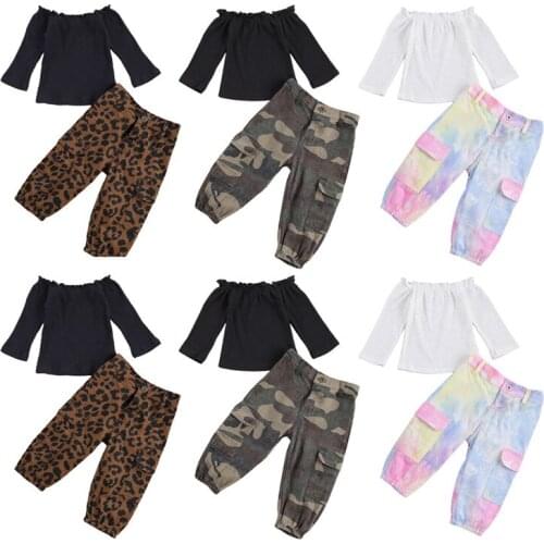 Citgeett Autumn 2-6Years Kid Girls Clothes Off Shoulder Short Sleeve T shirt+Camouflage leopard Printed Pants Toddler Girl Set