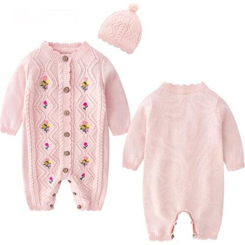Baby Rompers Cartoon Knitted Autumn Newborn Jumpsuits Embroidery Flowers Girls Clothes Winter Toddler Sweater Children Overall