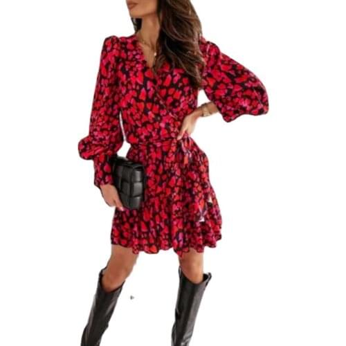 Elegant Womens Dresses Popular V Neck Long Sleeves Plaid Floral Dress for Women Spring Summer Casual Ladies Dress Knee Length