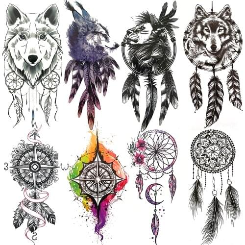 Tribal Dreamcatcher Fake Temporary Tattoo For Women Men Wolf Henna Feather Tattoos Sticker Watercolor Compass Waterproof Tatoos