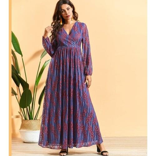 M-4XL Elegant Purple Lace Pleated Robe Sexy V Neck Empire Waist Floral Dresses for Women Long Sleeve Party Maxi Dress Vestidos