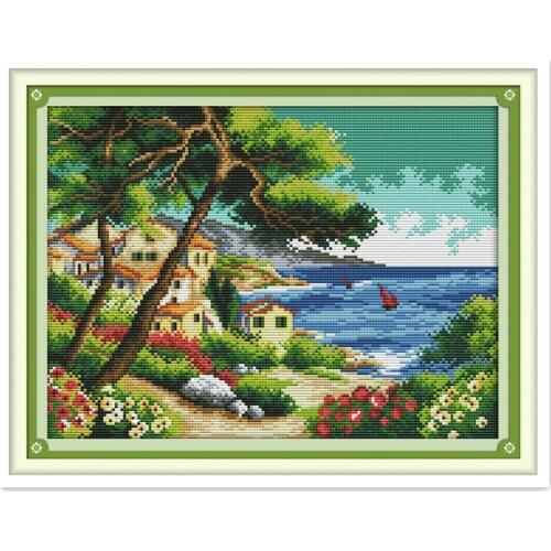 Seaside Village 11CT 14CT Printed On Canvas Cross stitch kit Embroidery Cross Set DIY Set Chinese Counted Cross Stitch Pattern