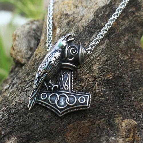 1pcs men stainless steel viking raven pendant Nordic Pagan men necklace Ravens Mjolnir hammer