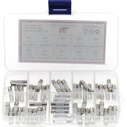 50pcs/box 10 Kinds Fast Ceramic Fuses Kit 250V 5mm x 20mm 0.25A 0.5A 1A 2A 3A 5A 8A 10A 15A 20 AMP Fuse Tube Assortment