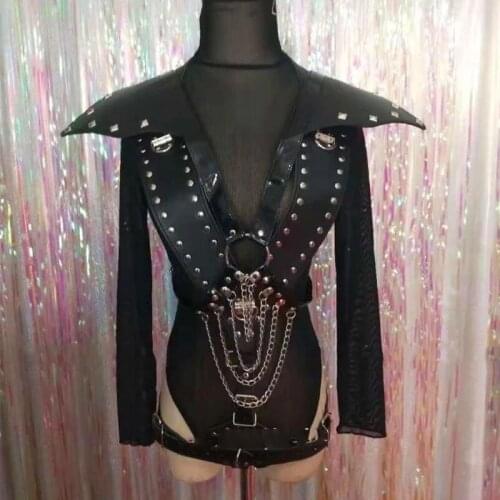 Punk Black Leather Rivet Armor Metal Chain Bodysuit Women Singer Dancer Costume Nightclub Bar Lead Dance Stage Performance Wear